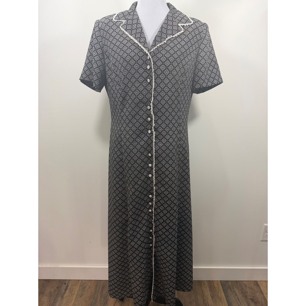 Danny & Nicole Black White Paisley Lace Trim Button Front Maxi Dress 10P 501782